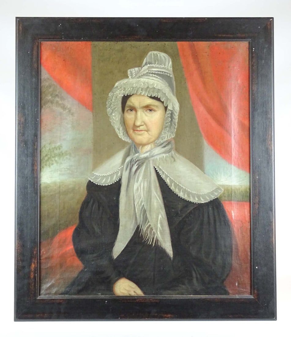 Painting, 19th c. Portrait of a Woman: Painting: 19th c. portrait of a woman. Oil on canvas. 30" x 25", overall 35 1/2" x 30". Possibly by Ammi Phillips.