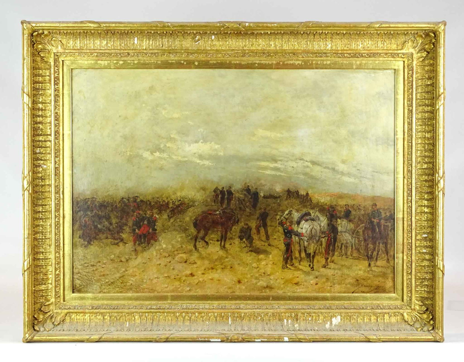 Wilferd Beauquesne (French, 1840-1913): Painting: Wilferd Beauquesne (French, 1840-1913), "Skirmish Franco-Prussian War". Oil on canvas. Los Angeles Fine Art Gallery label verso. 18" x 26", overall 24 1/2" x 32". Provenance: The Edward Herr