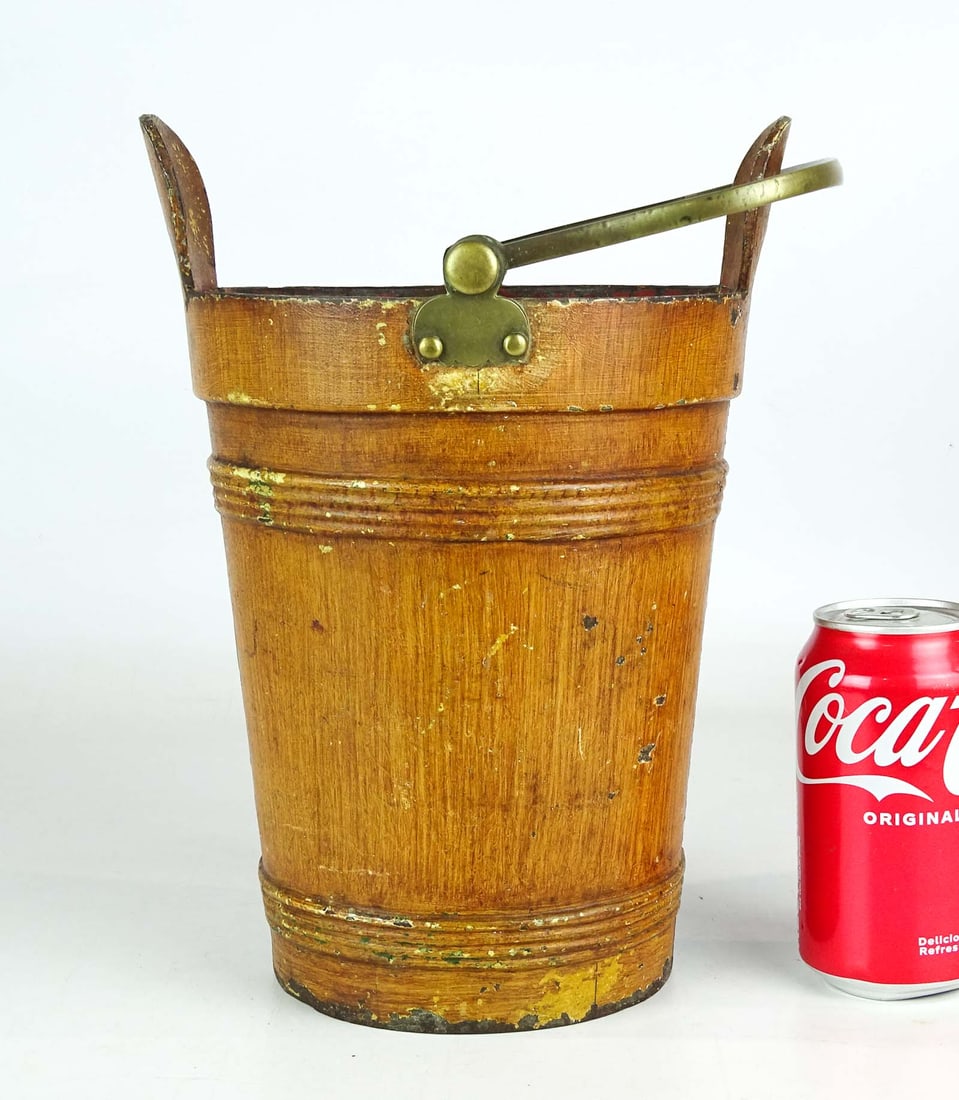 19th c. Wine Cooler: 19th c. painted metal wine cooler. Style of a pine bucket, original paint, brass handle. 14" overall Ht..