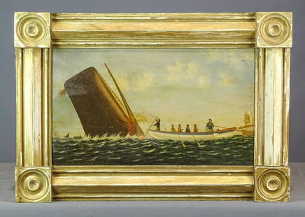 Painting: Whaling Subject: Painting: Whaling subject. Oil on panel. 13" x 22", overall 20" x 29 1/2".