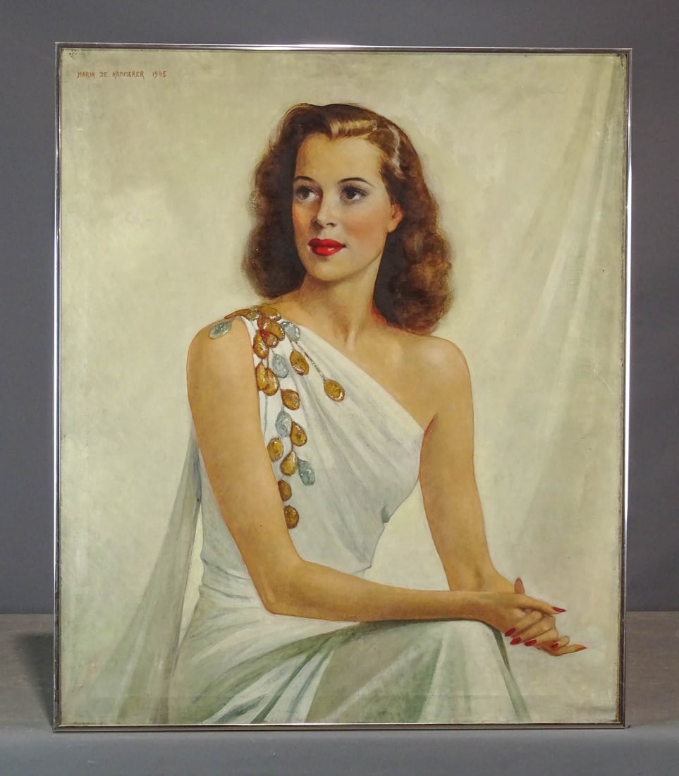 Painting: Portrait of Kitty Carlisle: Painting: Portrait of actress Kitty Carlisle, leading lady in the Marx Brothers movie A Night at the Opera by Maria De Kammerer 1945. 36" x 30", frame 36 1/2" x 30 1/2".