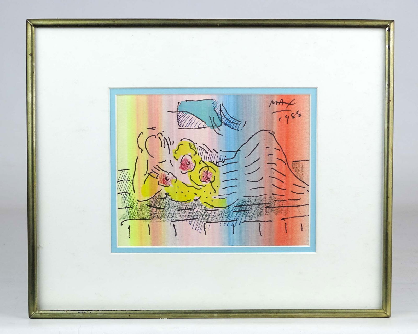 Peter Max (b. 1937): Peter Max (b. 1937), original reclining woman, mixed media. Sight 4" x 6", overall 9" x 11".