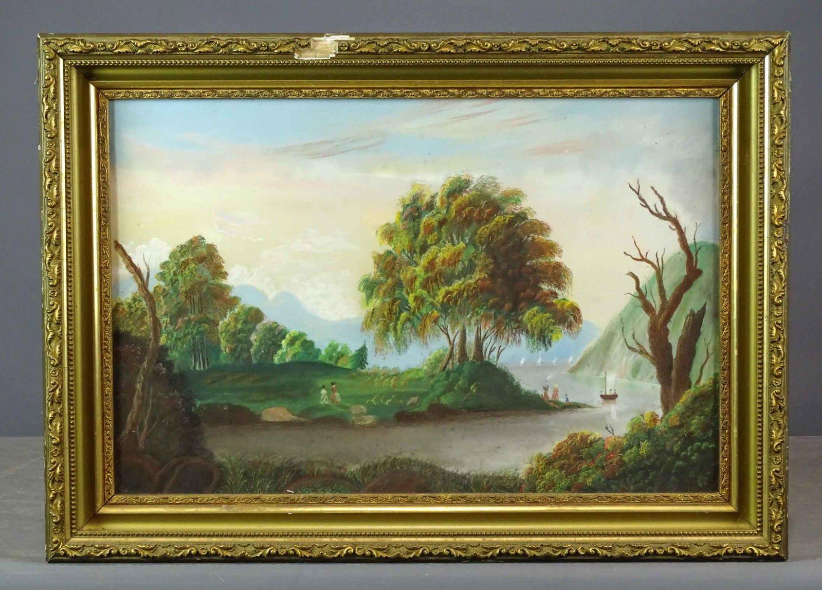 Painting, 19th c. Landscape: Painting: 19th c. landscape. Pastel on paper. Sight 13 1/2" x 21", overall 18" x 25". Frame has loss.