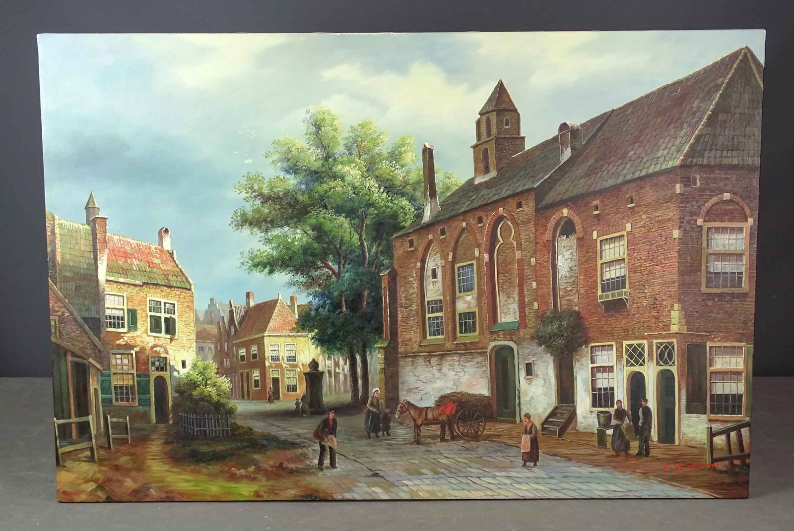 E. Vendetti (20th Century): Painting: E. Vendetti, European street scene, oil on canvas. Unframed. 24" x 36". Provenance: The Edward Herrmann Estate, Salisbury Connecticut.