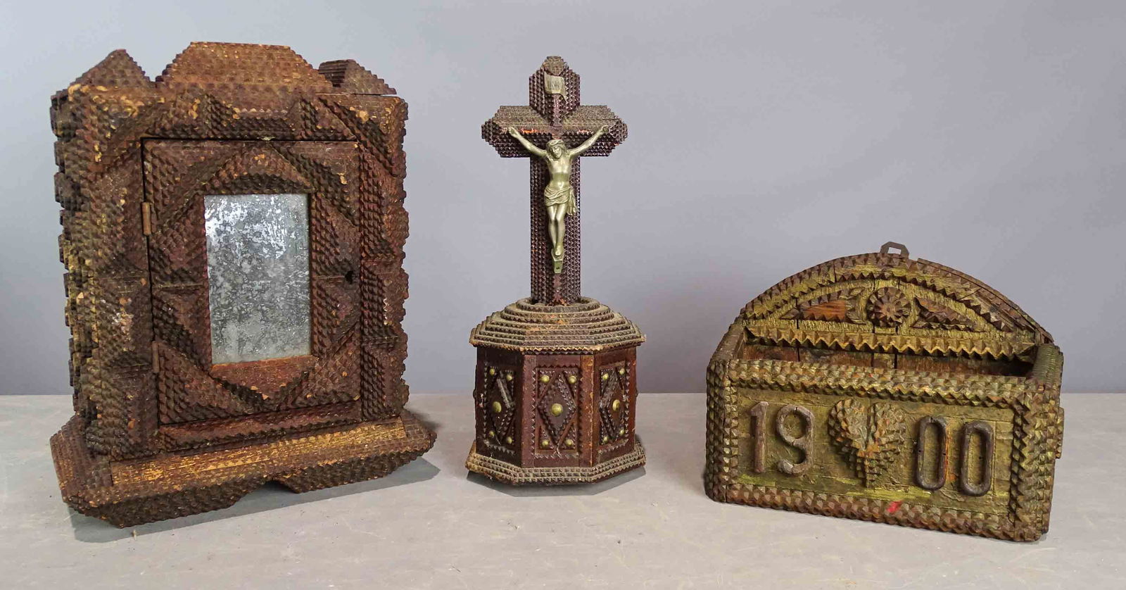 Tramp Art Lot: Tramp art lot including wall cabinet (15 1/2" x 12"), dated 1900 wall box (12" x 18", 8" Ht.), Icon (16" Ht.). Ex: Dave and Sue Irons Collection.