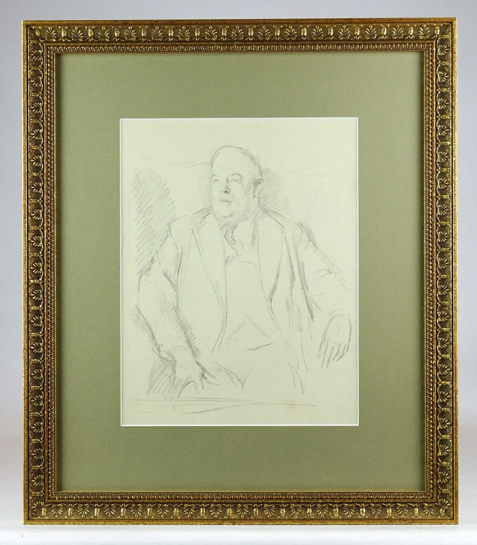 Henry Lamb (British, 1883-1960): Henry Lamb (British, 1883-1960), pencil drawing of a gentleman. Info verso. Portrait of Maurice Bowra. Pencil on paper. Davis & Langdale Company Inc. label. Sight 12" x 9", overall 19 1/2" x 17". Prov
