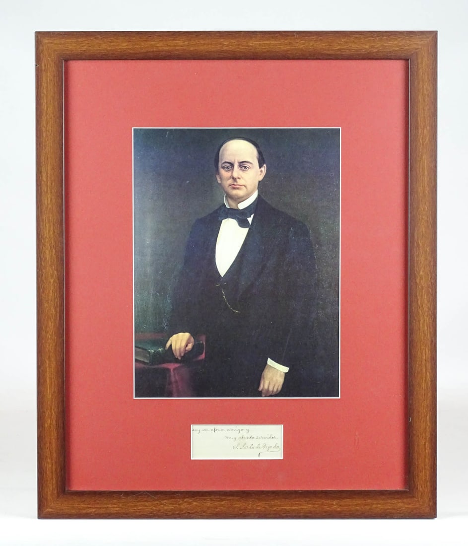 Sebastian Lerdo de Tejada Autographed Cut: Sebastian Lerdo de Tejada autographed cut. 27th President of Mexico. Framed with print. Sight of cut 2" x 3 1/2", overall 20" x 16 1/2".