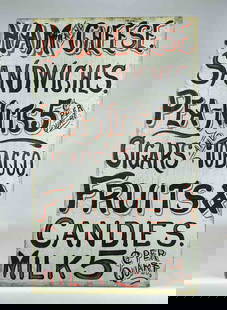 Trade Sign: Painted country store trade sign. Painted canvas. 30" x 18".