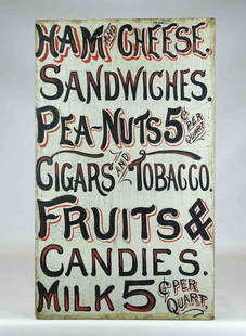 Trade Sign: Painted country store trade sign. Painted canvas. 30" x 18".