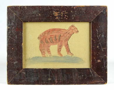 Folk Art Framed Animal Watercolor: 19th c. folk art framed animal watercolor. Sight 4" x 6", overall 7" x 9".