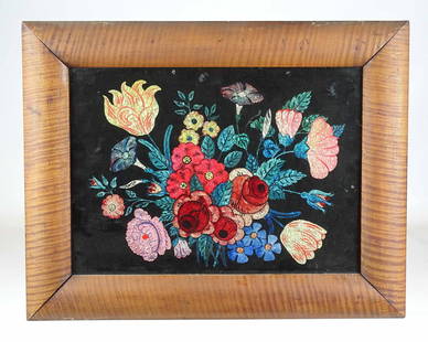 19th c. Floral Tinsel Painting: 19th c. framed floral tinsel painting. Figured maple frame in old surface .10 3/4" x 14 3/4", overall 14 1/2" x 18 1/2".