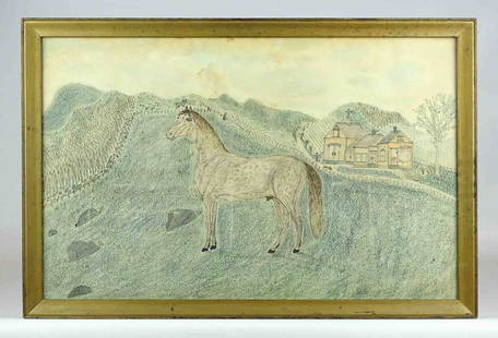 Folk Art Watercolor of a Horse: 19th c. folk art framed watercolor of a horse. Sight 13 1/2" x 21 1/2", overall 16" x 23 1/2".