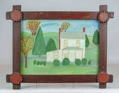 Folk Art Watercolor of a House: Early framed folk art watercolor of a house. Sight 9 1/2" x 13 1/2", overall 14 1/2" x 18 1/2".