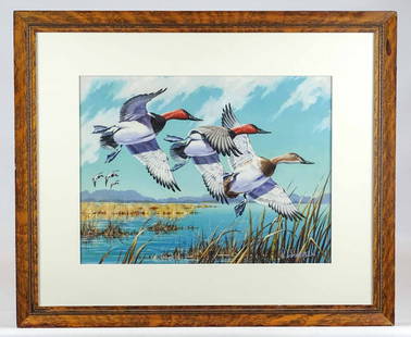 Richard Hansen (20th Century): Painting: Richard Hansen (20th Century), original illustration for duck stamp print. Sight 13 1/2" x 17 1/2", overall 22 1/4" x 26 1/2". Along with portfolio with stamp and numbered print.