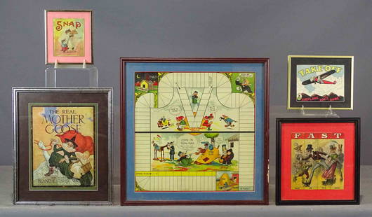 Framed Game Lot: Lot (5) early framed cardboard game covers. Largest 19 1/2" x 19 1/2".