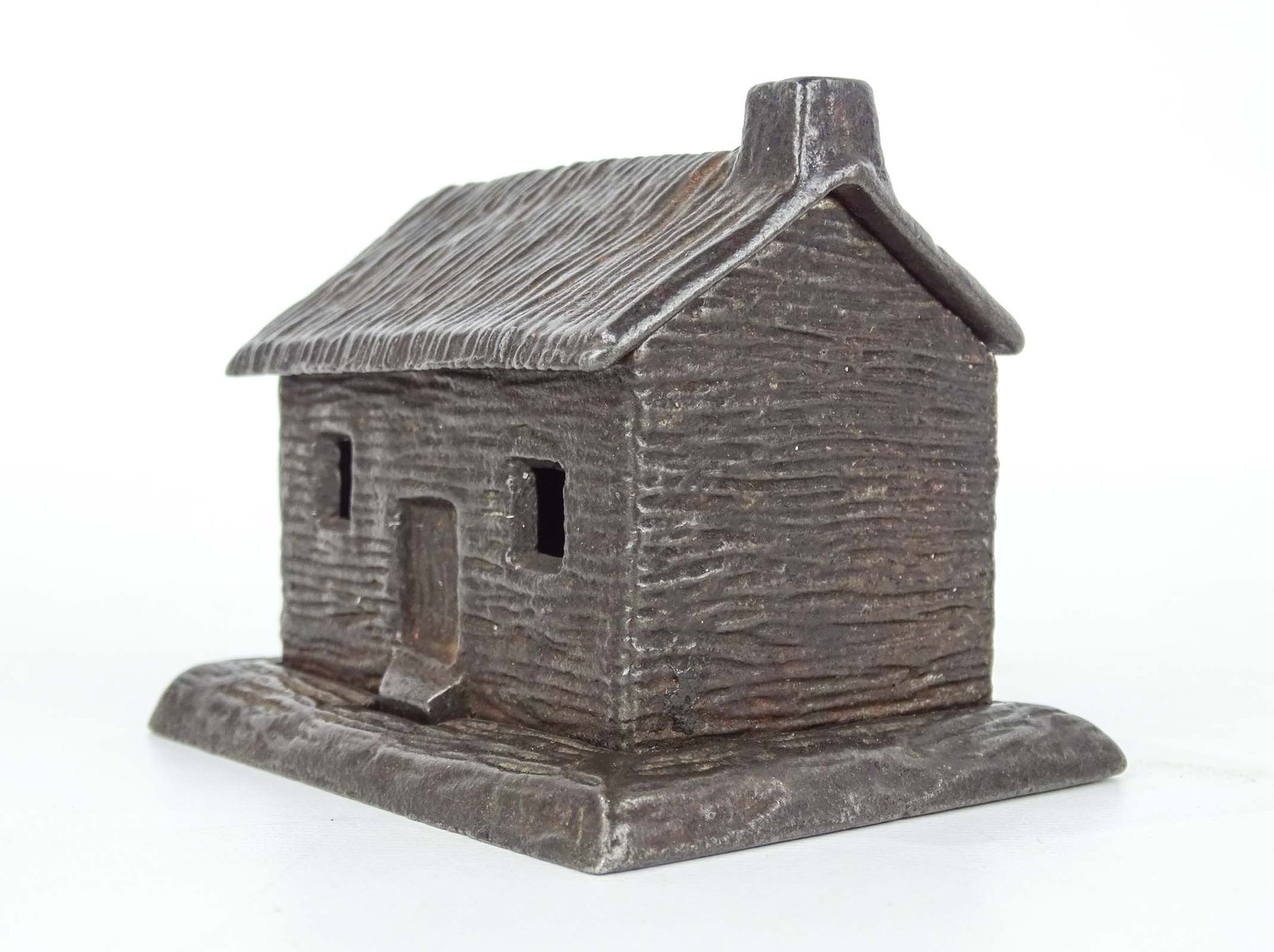 Still Bank: Cast iron C. 1882 Kyser & Rex cabin still bank. 3 1/2" x 2 1/2" x 3".