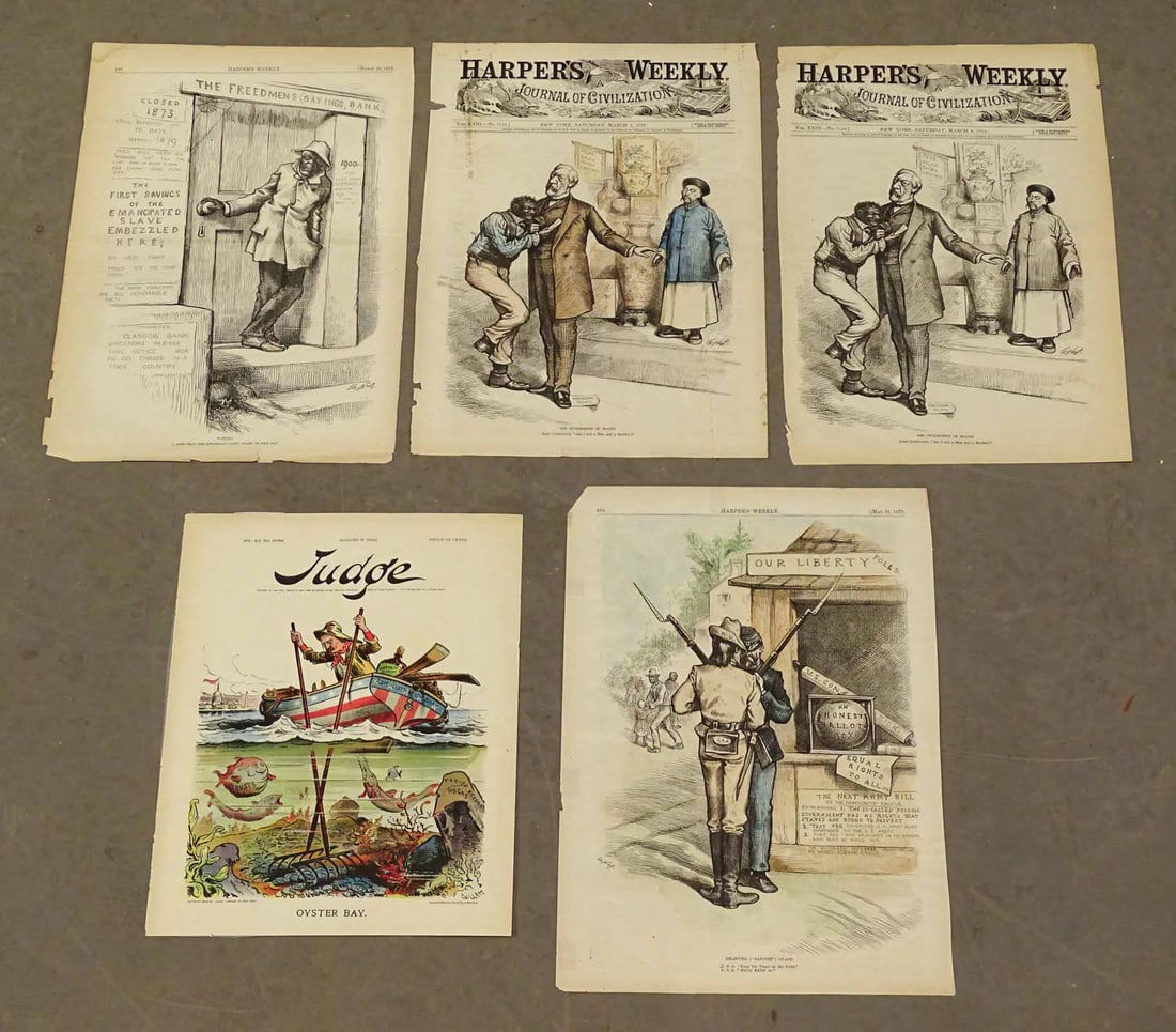 Group of Antique American Political Cartoons (5): Four political cartoon prints from Harper's Weekly, including themes of emancipation of slaves and Chinese exclusion by Thomas Nast. Also Judge Magazine print of Teddy Roosevelt in Oyster Bay, Long Is