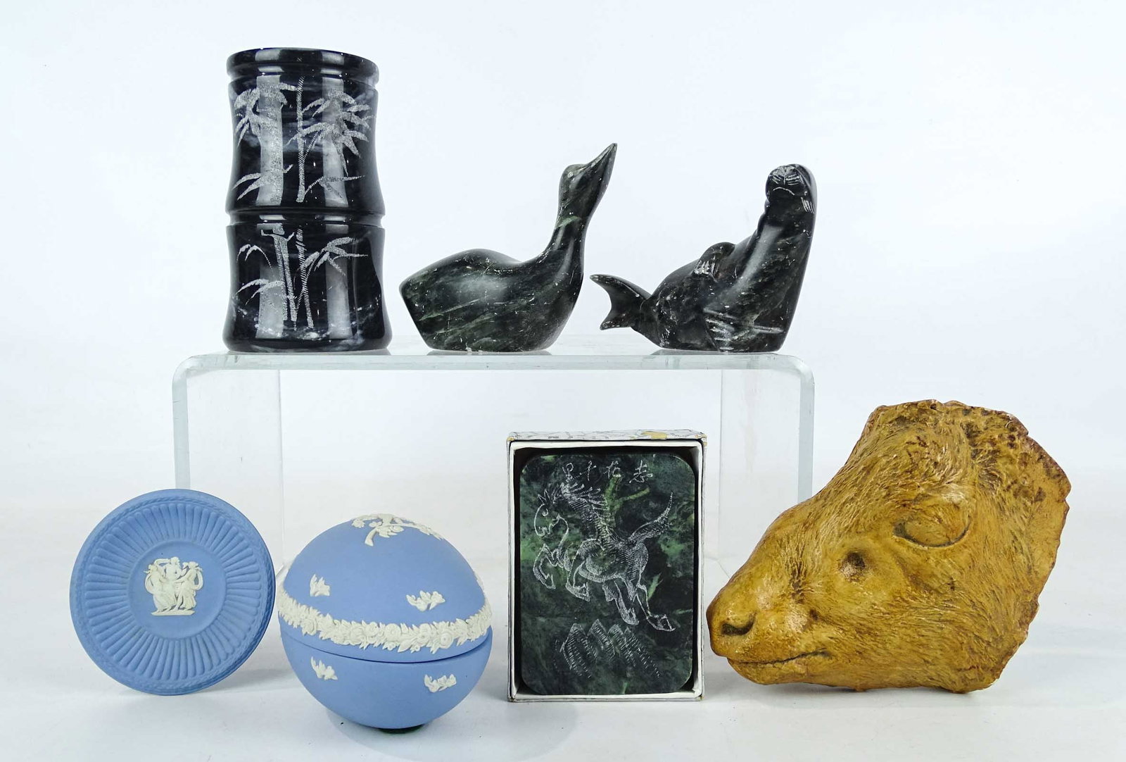 Misc. Lot: Lot including Jade paperweight, composition rams head paperweight, (2) Canadian Inuit animals, Jade vase, (2) pieces of Wedgwood.