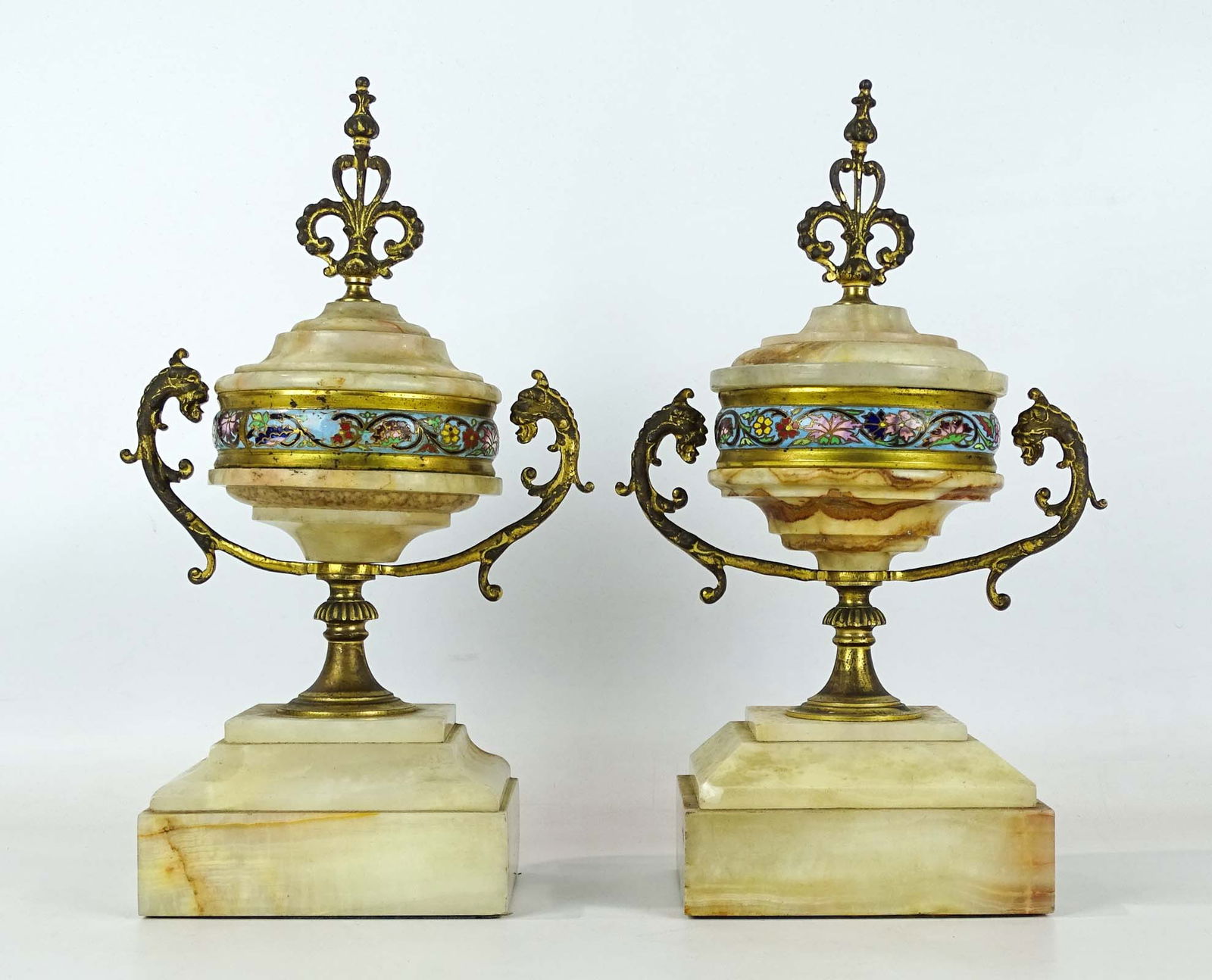 Pair of Alabaster Garnitures: Pair of alabaster, brass and enamel garnitures.. 12" Ht..