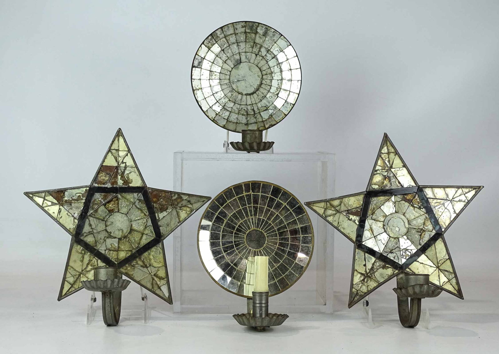 Mirrored Sconces: Lot two sets of mirrored sconces including stars (as found 12 1/2" x 12"), the others 8" x 9".