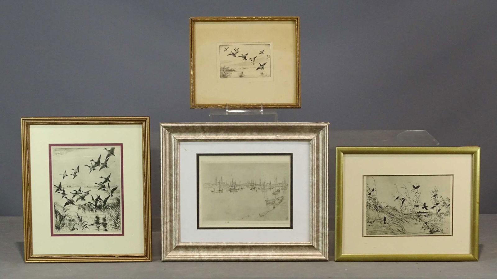 Etchings Lot: Lot (4) framed prints. Includes James Whistler "San Giorgio" (sight 6 1/2" x 9", overall 14 1/2" x 17 1/2"), (3) Frank Benson bird prints (largest frame 15 1/2" x 13 1/2").