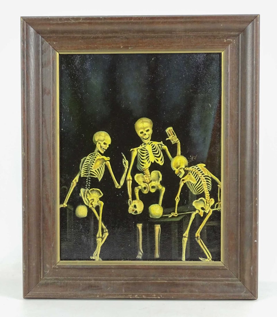After Lee Coye (1907-1981): Painting: After Lee Coye 1907-1981), skeletons playing pool, oil on panel, stamped verso "L.B. COYE". 14" x 11", overall 18 1/2" x 15 1/2".