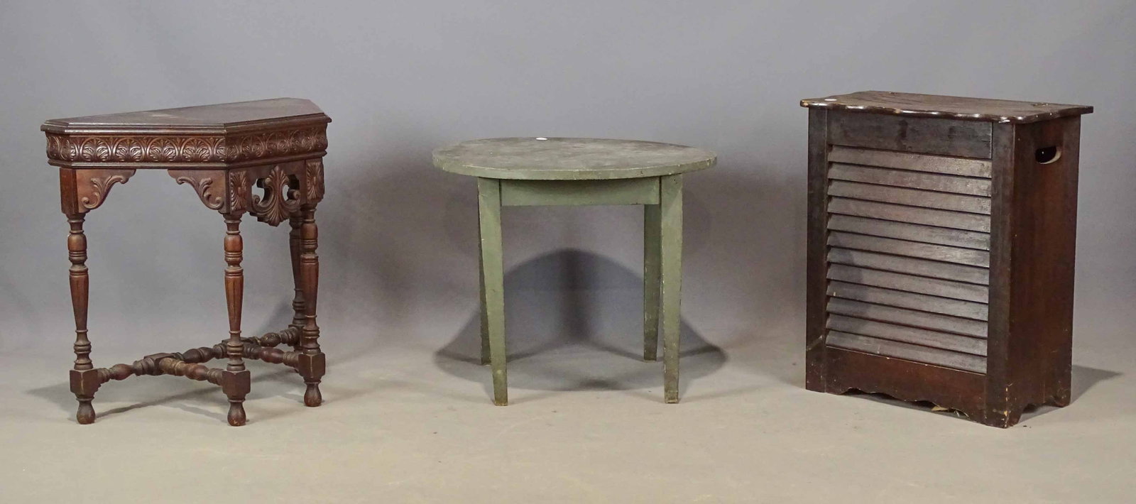 Furniture Lot: Lot including primitive round table in original paint (24" D., 20" Ht.), C. 1940's table (26" x 13 1/2" x 24 1/2"), louvered hamper (21" x 11 1/2" x 25").