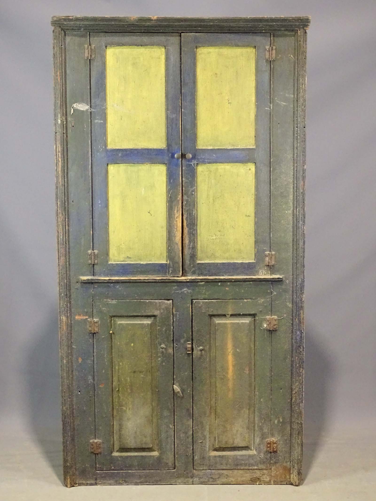19th c. Corner Cupboard: 19th c. corner cupboard in original paint. 40" x 21" x 77" Ht.. Provenance: Clayton Store, Sue Connell, Southfield, Massachusetts