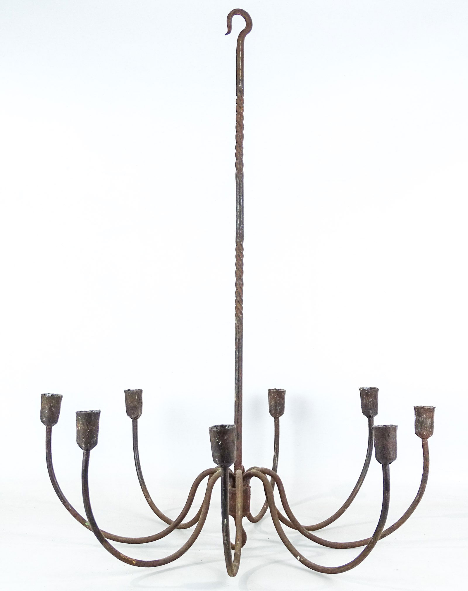 Wrought Iron Chandelier: Wrought iron chandelier. 20" D., 26 1/2" Ht.. Provenance: Clayton Store, Sue Connell, Southfield, Massachusetts