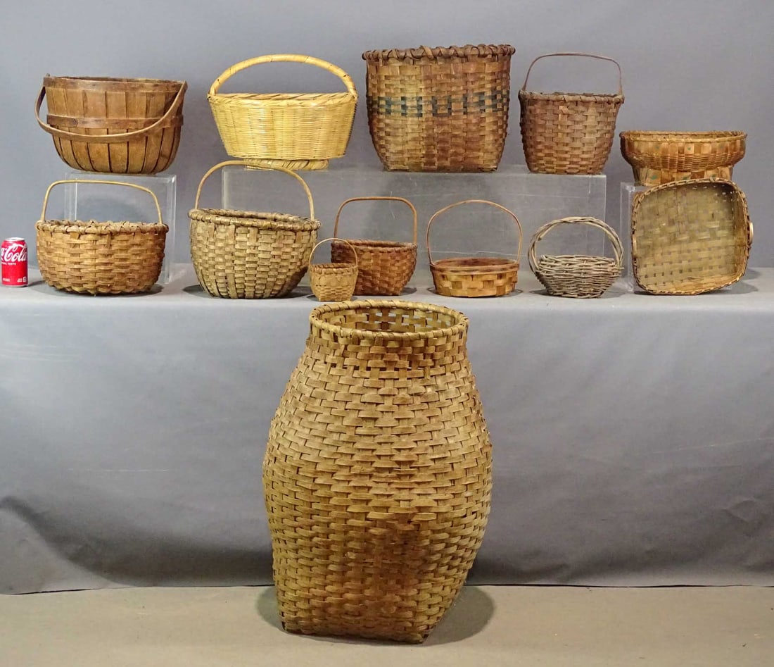 Basket Lot: Lot (13) various baskets. Largest 30" Ht.. Provenance: Clayton Store, Sue Connell, Southfield, Massachusetts