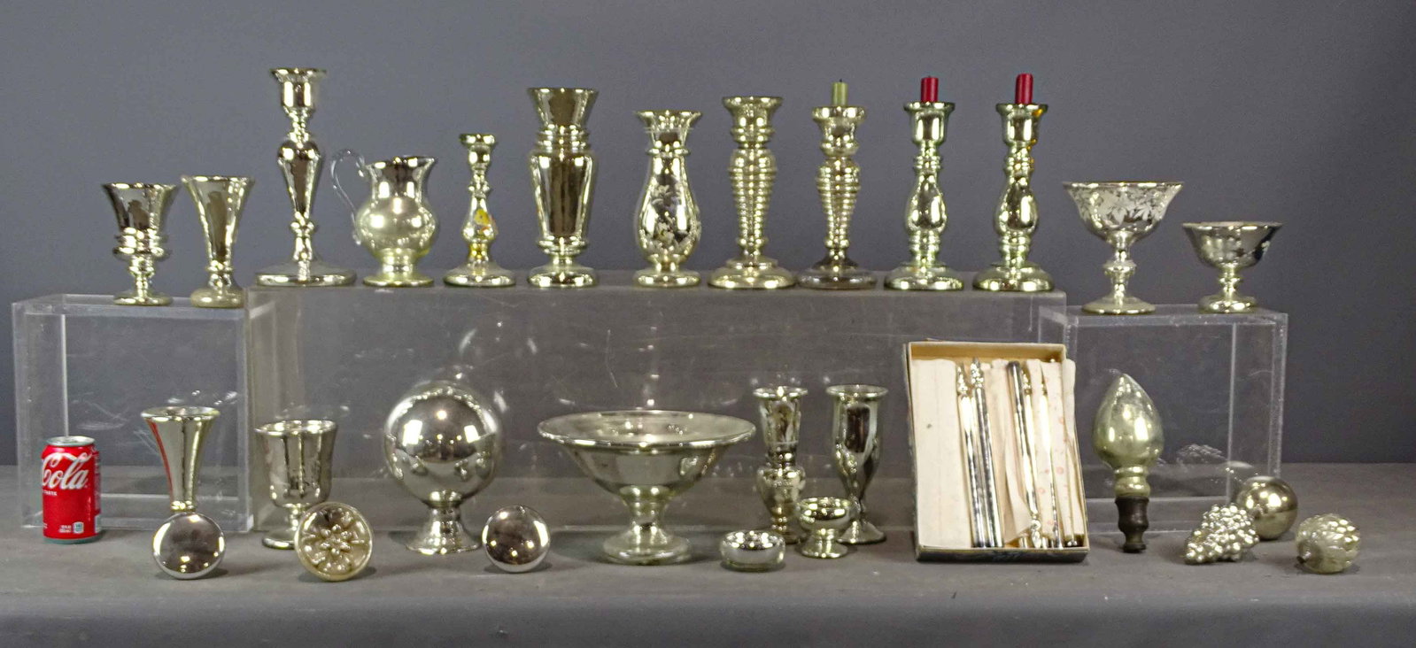 Mercury Glass Lot: Lot over (20) pieces of early Mercury Glass. Provenance: Clayton Store, Sue Connell, Southfield, Massachusetts