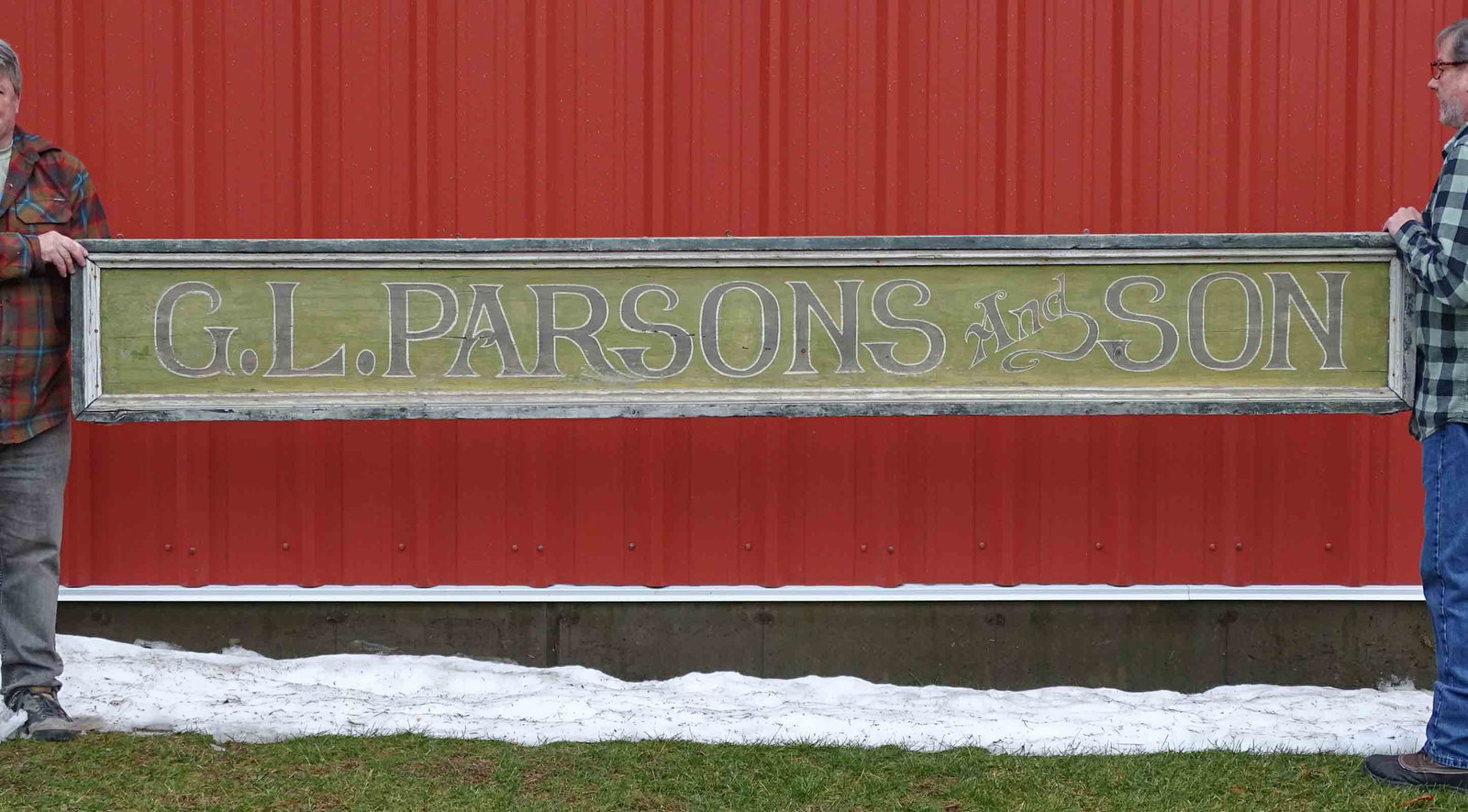 Trade Sign: Large painted wooden trade sign "G.L. PARSONS AND SONS". 16 1/2" x 123". Provenance: Clayton Store, Sue Connell, Southfield, Massachusetts