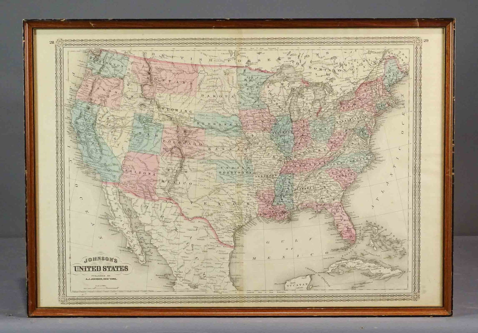 1864 Map: 1864 map "JOHNSON'S UNITED STATES". Sight 17" x 25 1/2", overall 19" x 27".