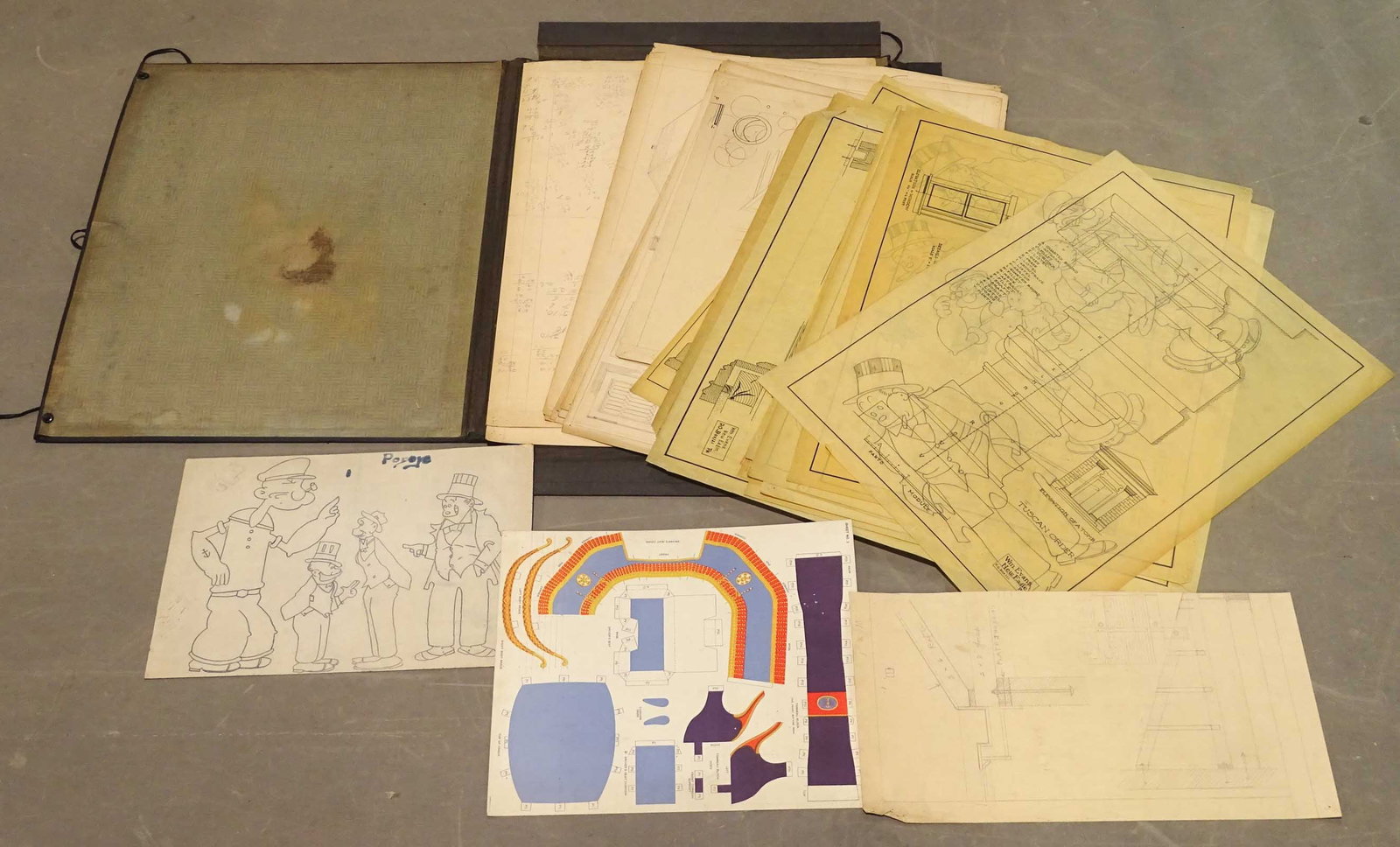 Blueprints with Cartoon Drawings: Lot of early blueprints, some painted with early cartoons (Popeye etc.).