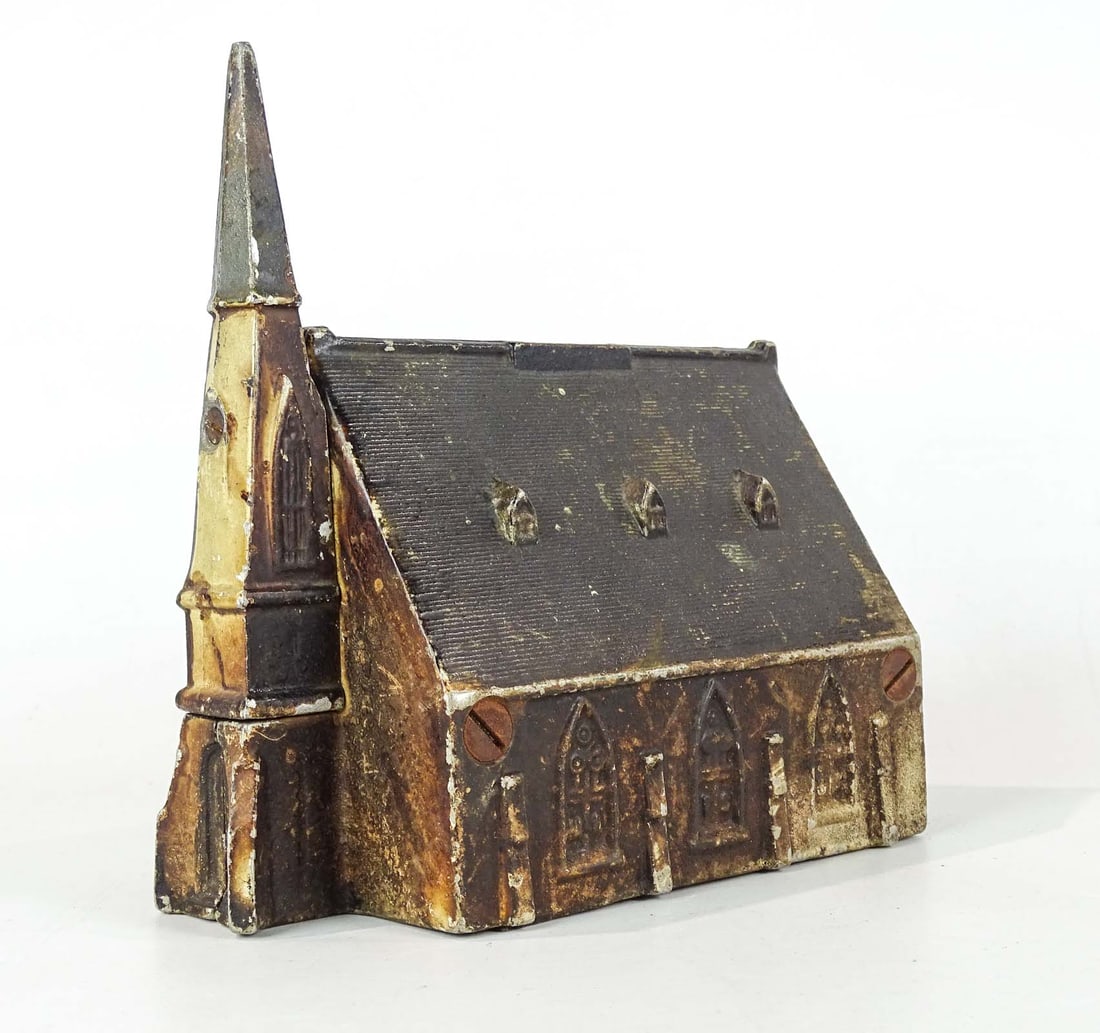New England Church Bank: Early cast iron New England Church bank. 7" x 4" x 7 1/2".