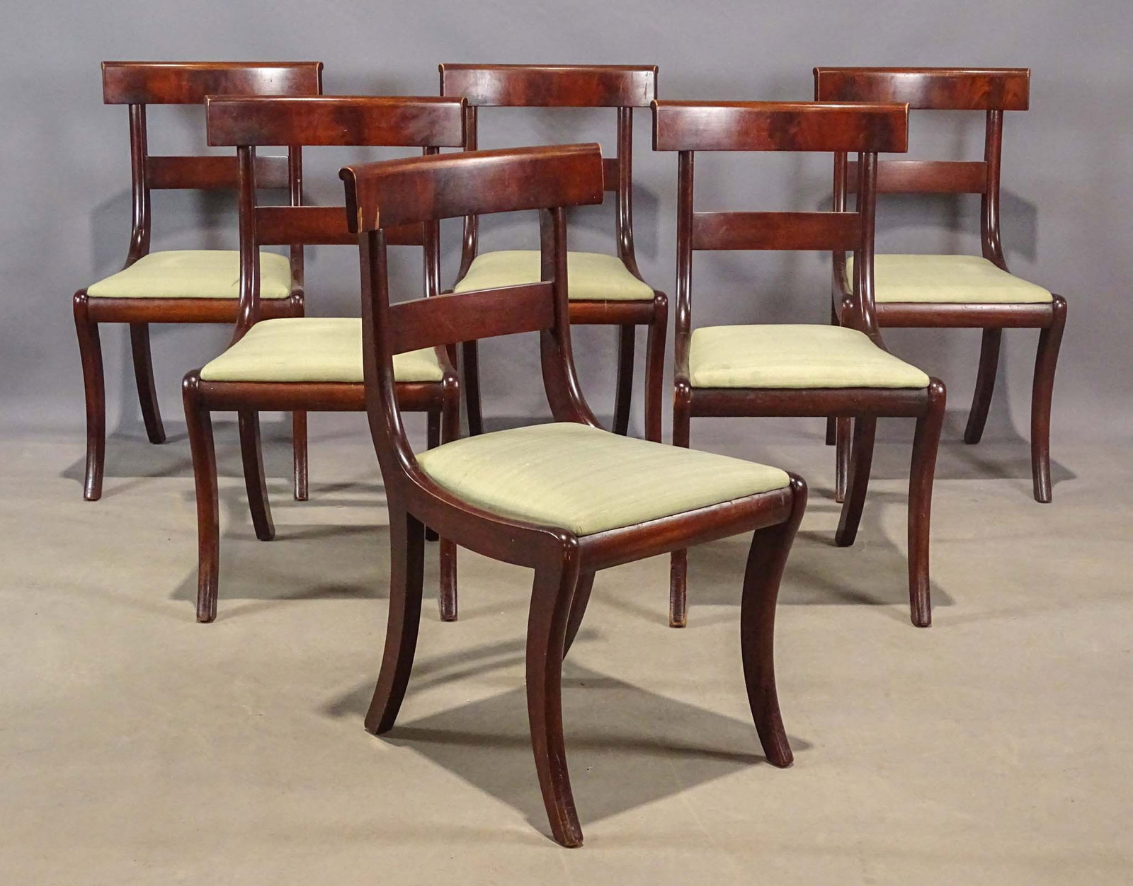Set of Charak Boston Federal Style Chairs: Set of (6) Federal Style mahogany chairs labeled Charak Boston. 17" seat Ht., 33" overall Ht..