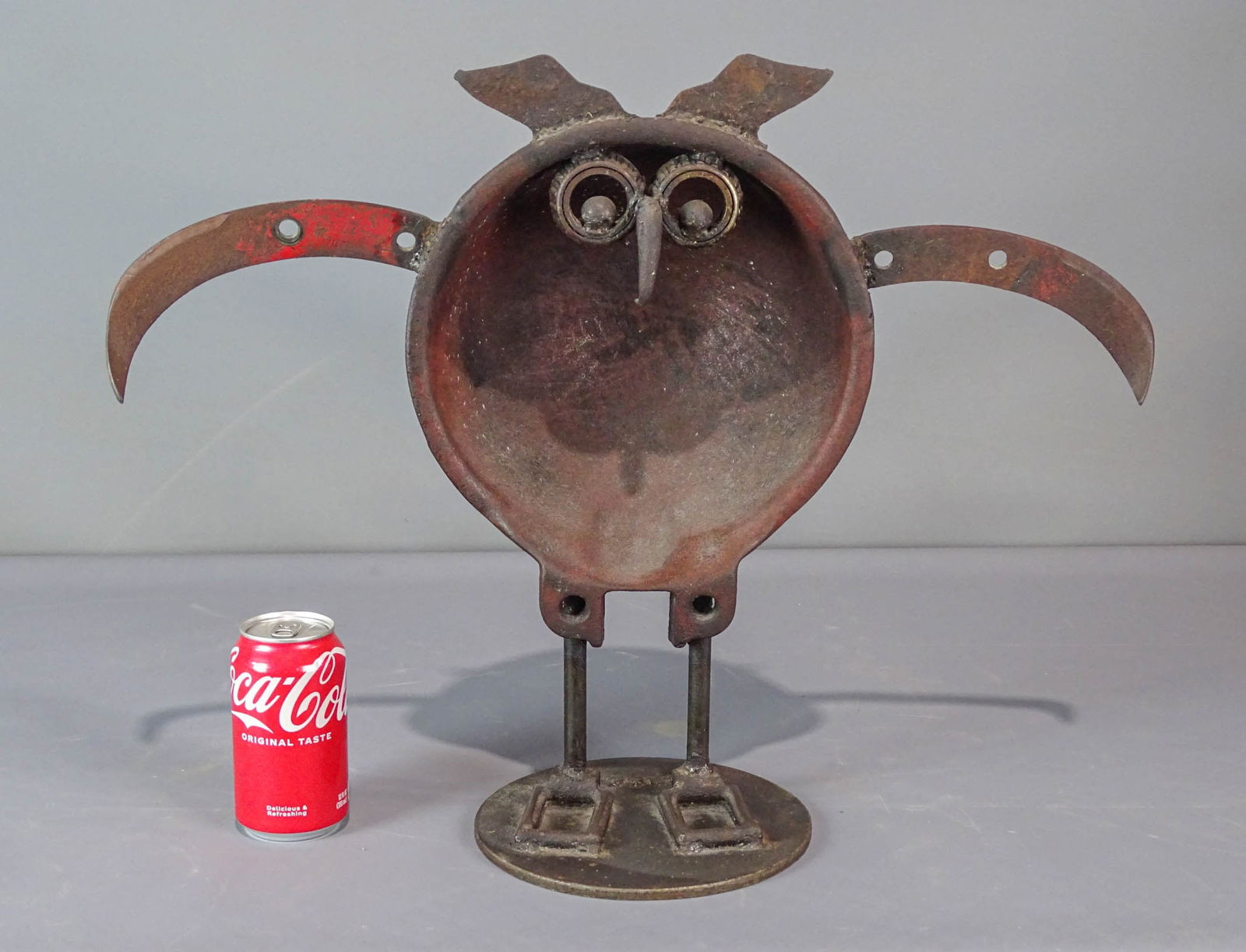 Metal Owl Sculpture by Bill Heise: Metal owl yard sculpture by Bill Heise. 23" W., 18" Ht..