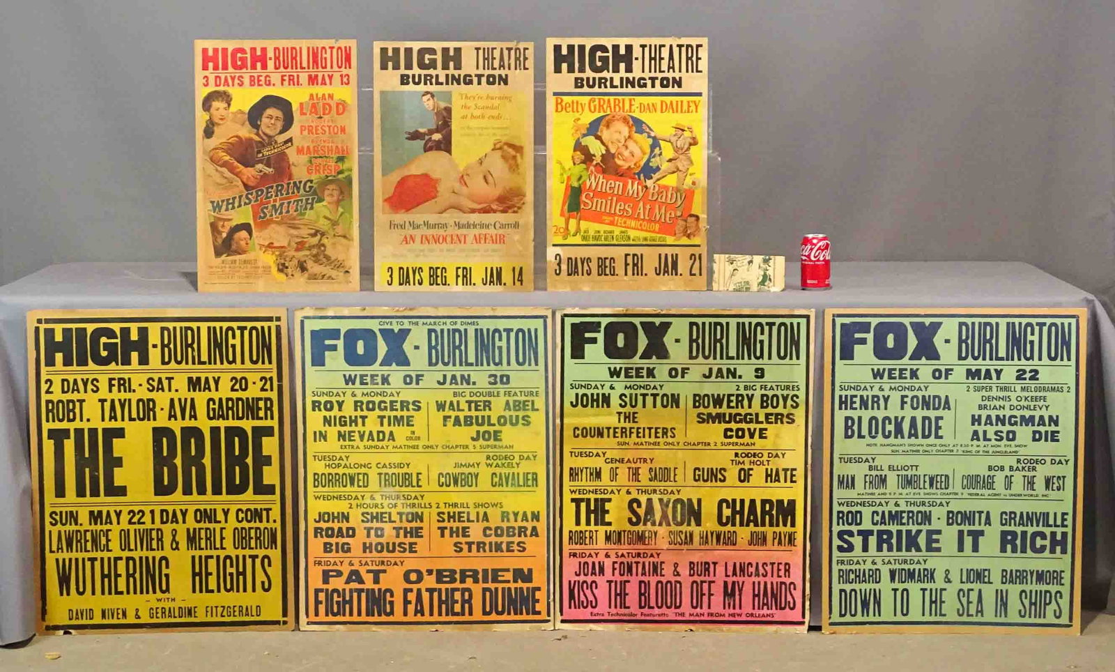 Vintage Movie Posters: Lot of(8) vintage movie posters from Burlington N.J. 22" x 14" and 28" x 22".