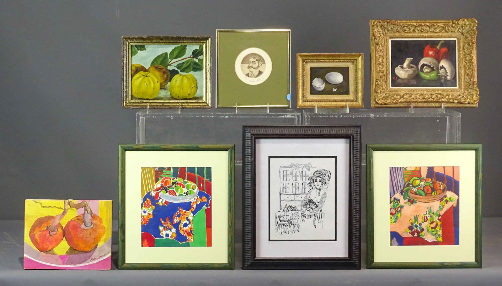 Artwork Lot: Artwork lot including: oil on board still life signed and dated "K Spencer 1992" 6" x 8", still life with fruit 7" x 9", pen and ink, woman setting table signed "W. Woda 3/16" images 9" x 7 1/2", pair