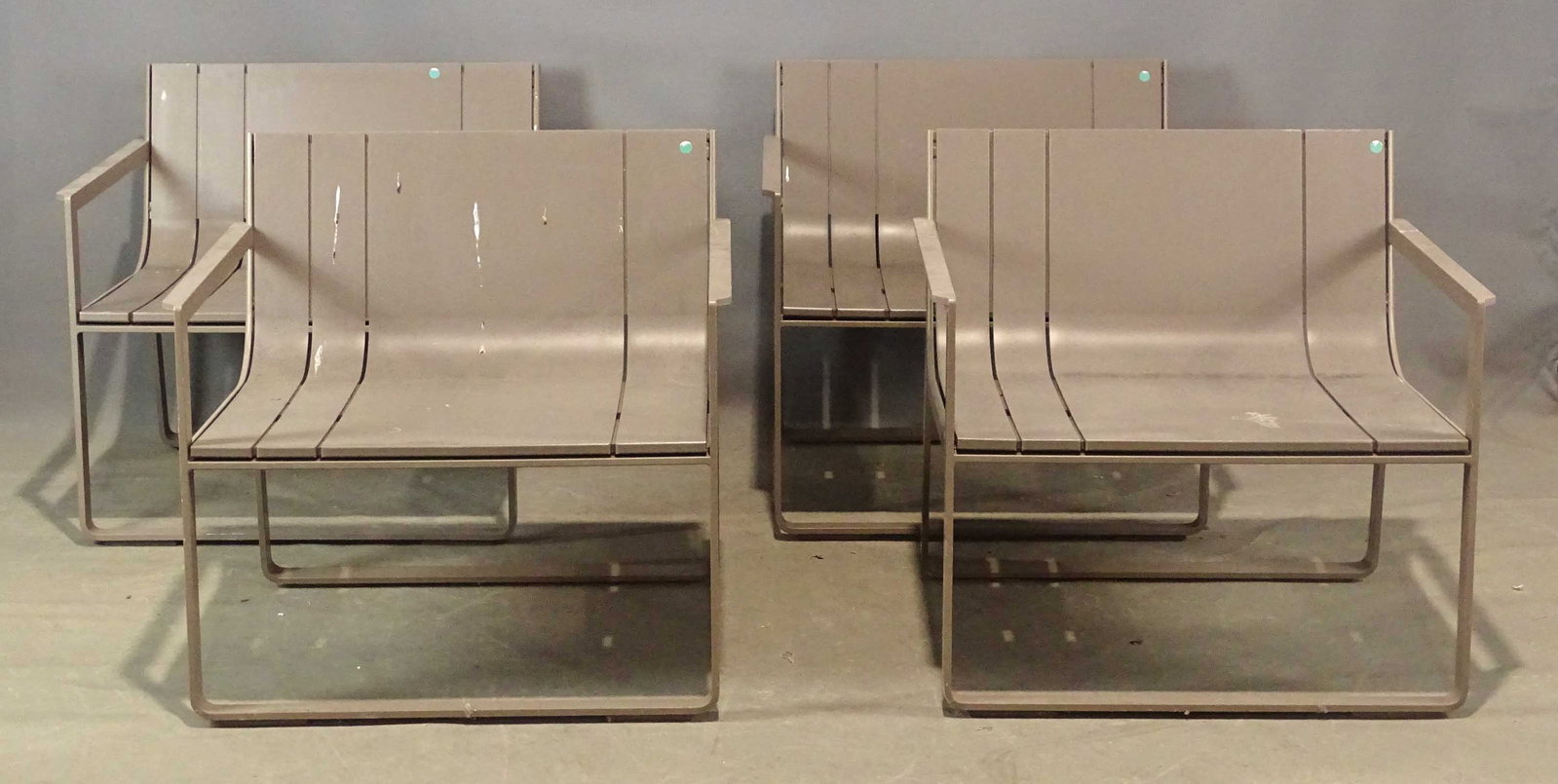 Mid Century Style Armchair Set: Mid Century style set of (4) metal patio arm chairs with cushions.