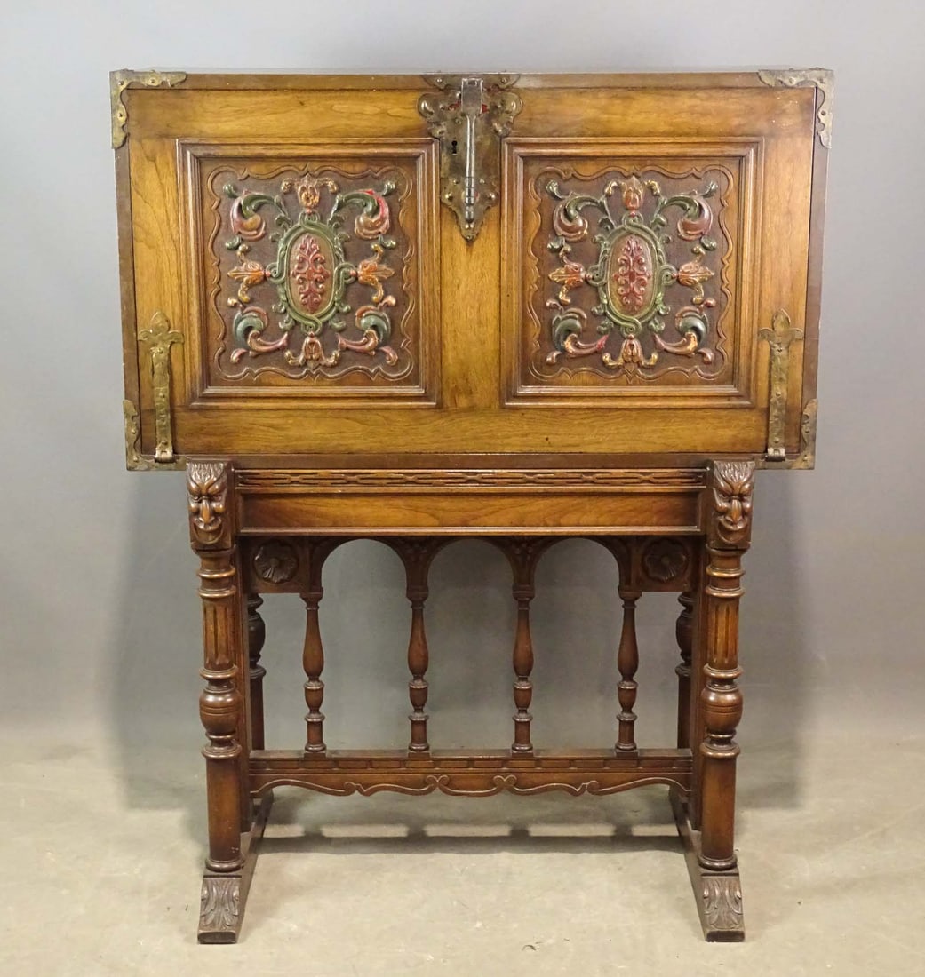 Spanish Style Vargueno Cabinet: Spanish style Vargueno cabinet. Carved and painted. 40 1/2" x 14" x 51".
