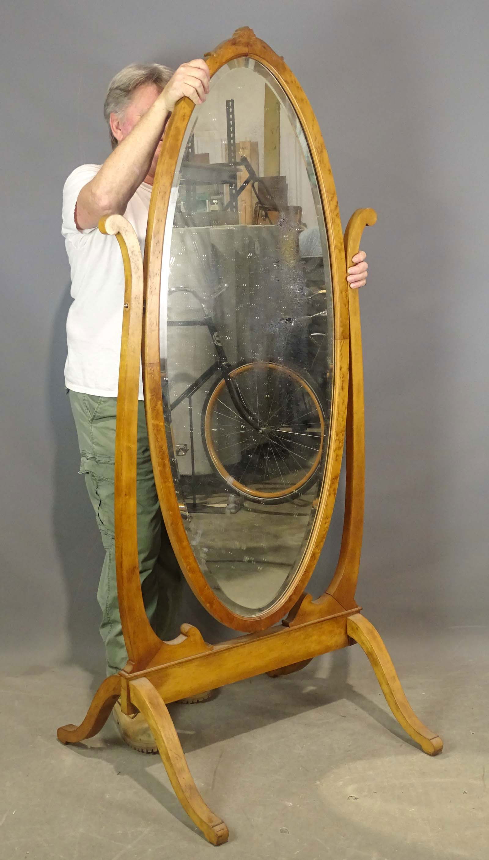 Cheval Mirror: Early maple beveled Cheval mirror. Beveled glass. As found.