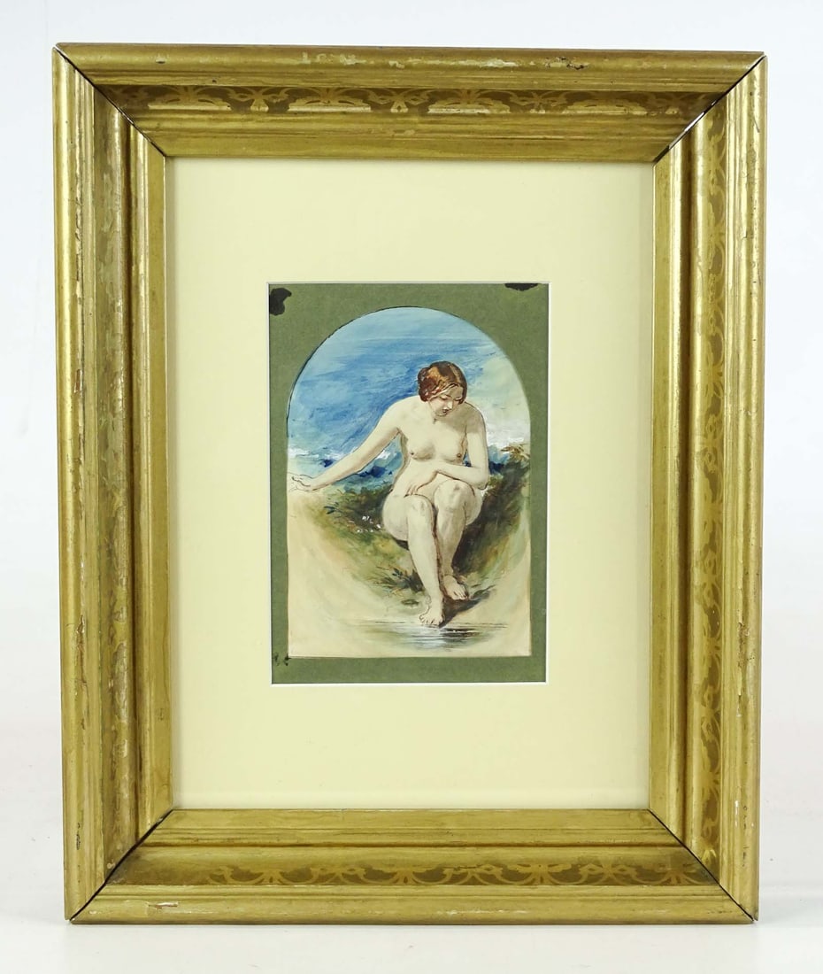William Edward Frost (United Kingdom 1810-1877): William Edward Frost (United Kingdom 1810-1877), watercolor of female nude. Sight 5 1/2" x 4 1/2", overall 15 1/2" x 12 1/2". Provenance: The Edward Herrmann Estate, Salisbury Connecticut.