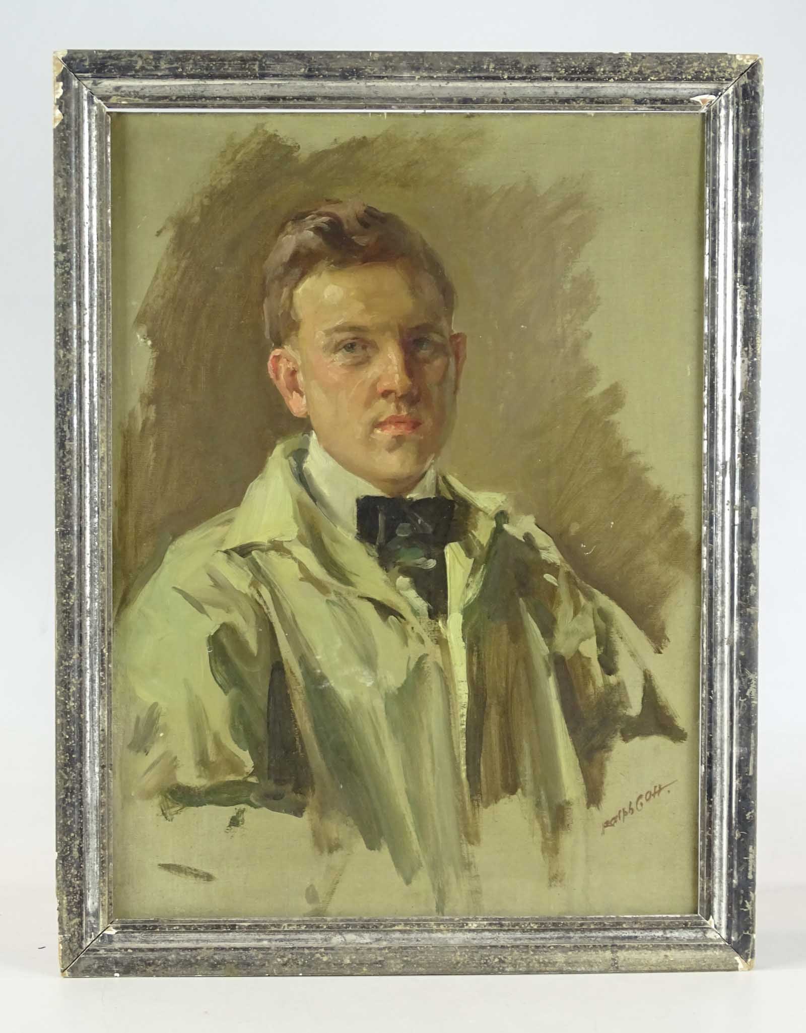 Painting: Portrait of a Man: Painting: Portrait of a man. Oil on panel. Signed indistinctly LRC "Ralph…". Sits uneven in frame. 21 1/2" x 16", overall 24" x 18 1/2". Provenance: The Edward Herrmann Estate, Salisbury Connecticut