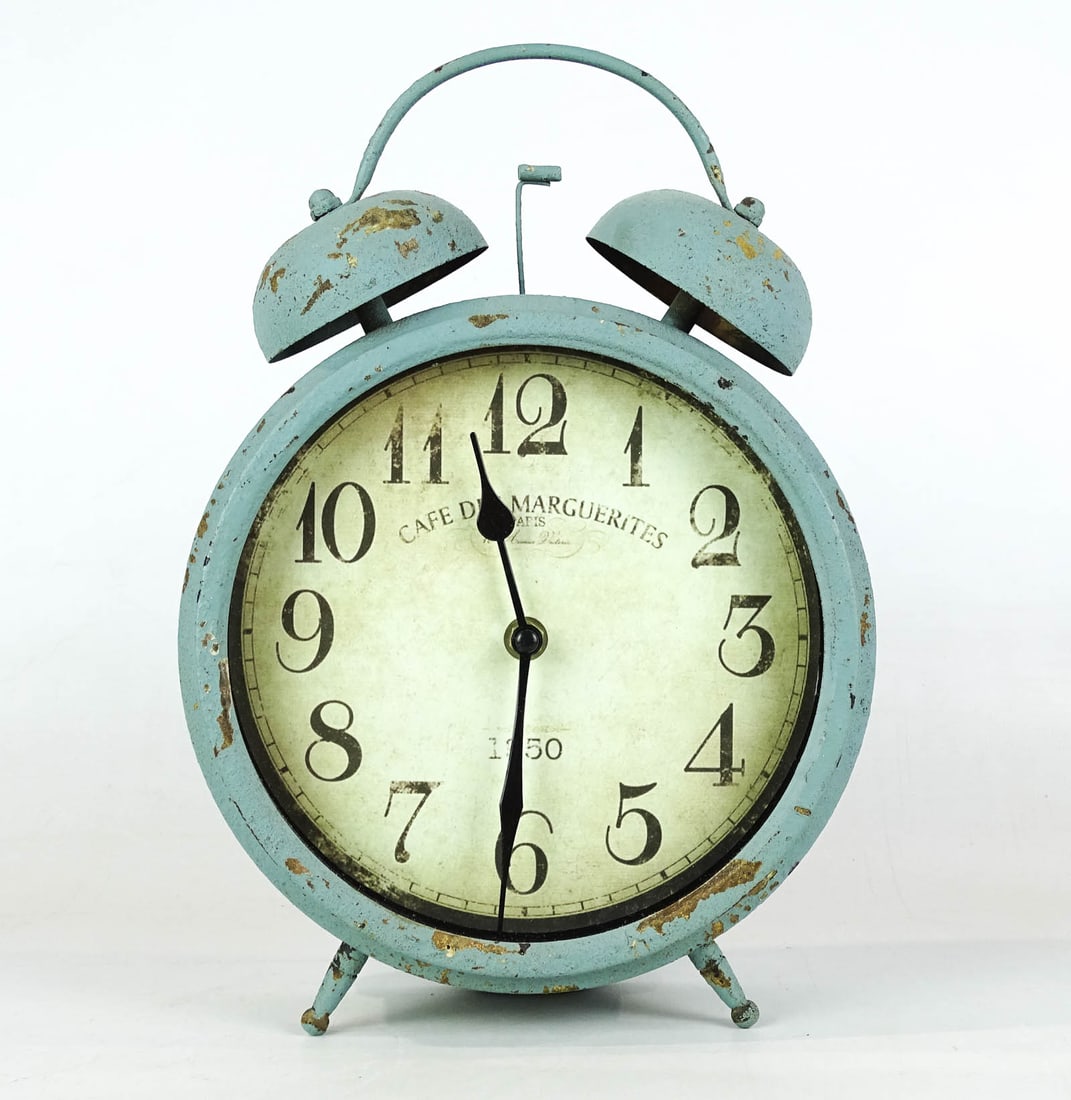 French Clock: Contemporary French clock marked "CAFÉ DES MARGUERITES PARIS 1950". 9" x 13" Ht.. Provenance: The Edward Herrmann Estate, Salisbury Connecticut.