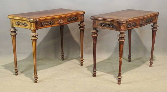 Rare Pair A. Roux Game Tables: Rare pair of 19th c. Alexander Roux Victorian rosewood game table signed, "A Roux French cabinet maker NO 479 & 481 Broadway New York". 35 /2" W. x 17 3/4" D. x 19 1/2" Ht., 35 1/2 " with top extended