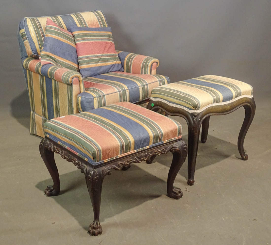 Upholstered Chair and Ottomans: Upholstered chair with (2) matching fabric ottomans. As found condition.