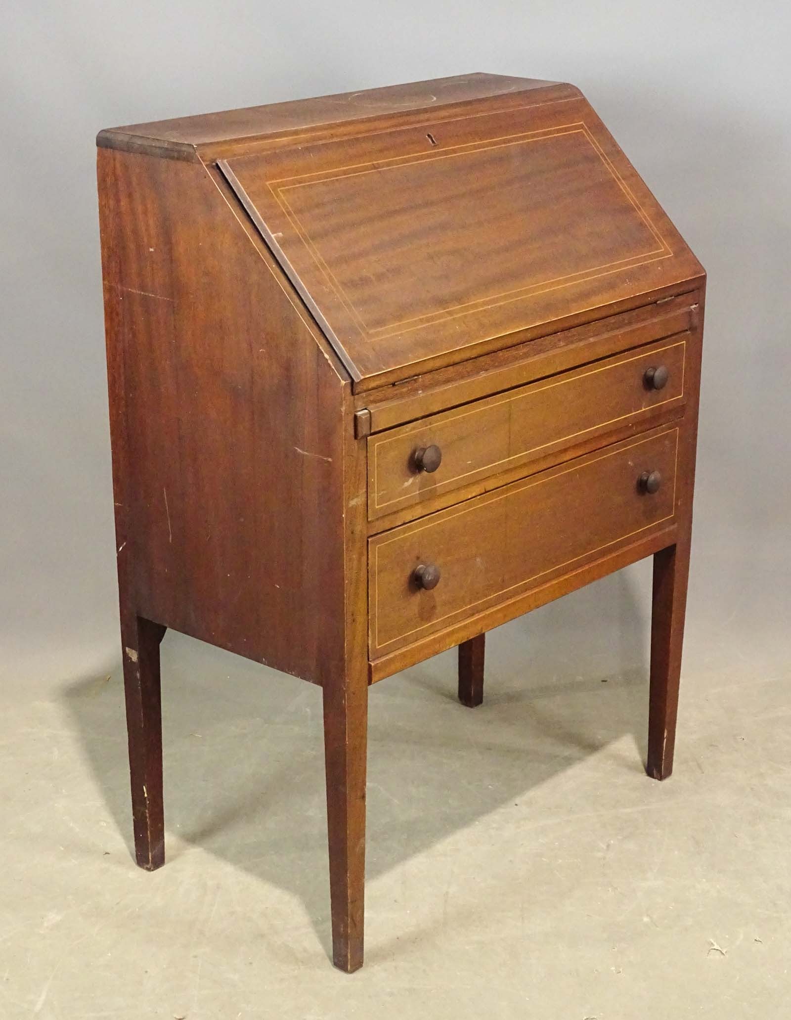 20th c. Inlaid Mahogany Slant Lid Desk: 20th c. Inlaid mahogany slant lid desk. 28" W. x 16" D. x 38 1/2" Ht., 28 3/4" writing Ht..