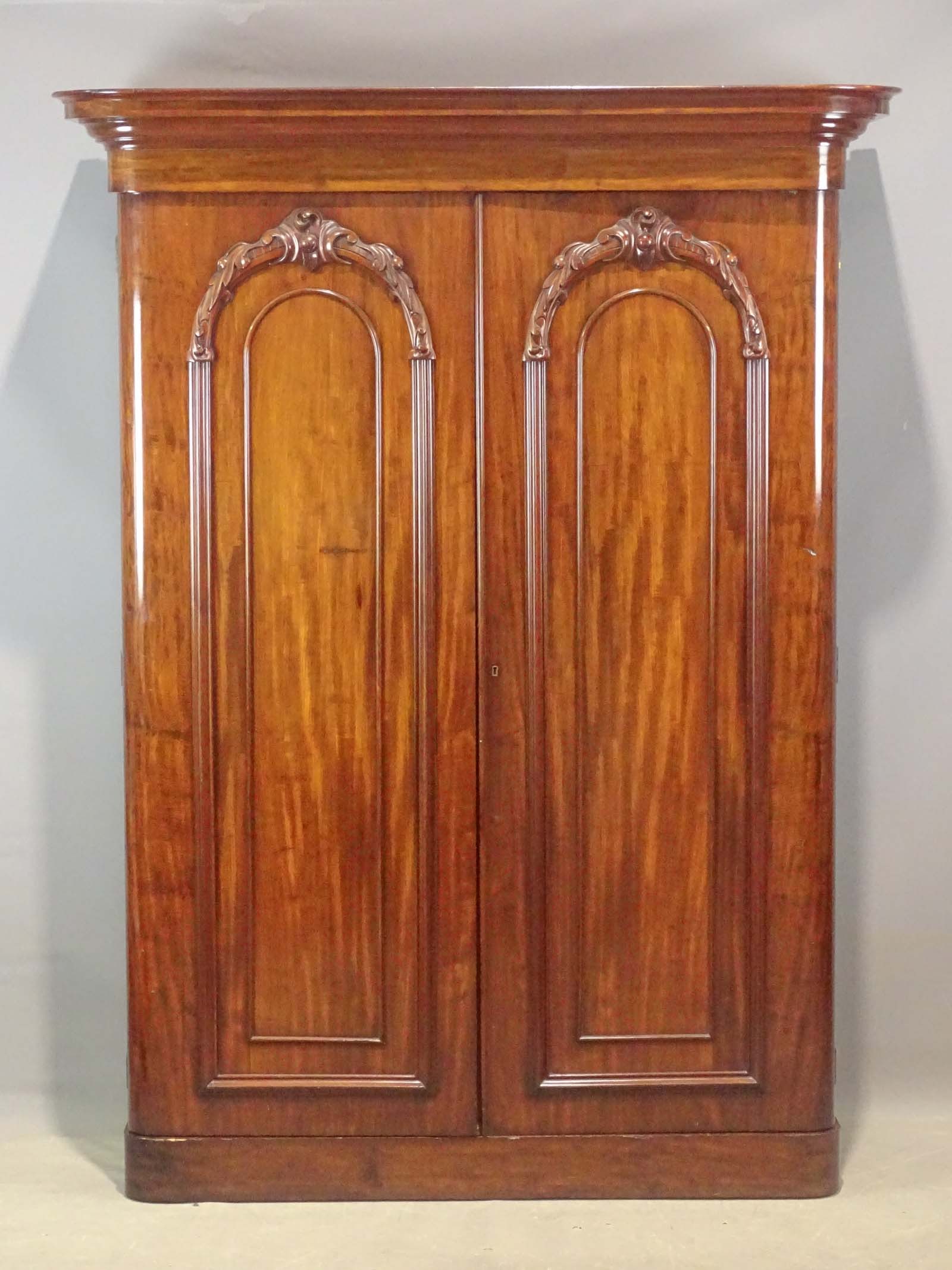 19th c. Mahogany English Armoire: 19th c. mahogany English armoire. Breaks down for transport. 63" W (at cornice), 24" D., 7' Ht..