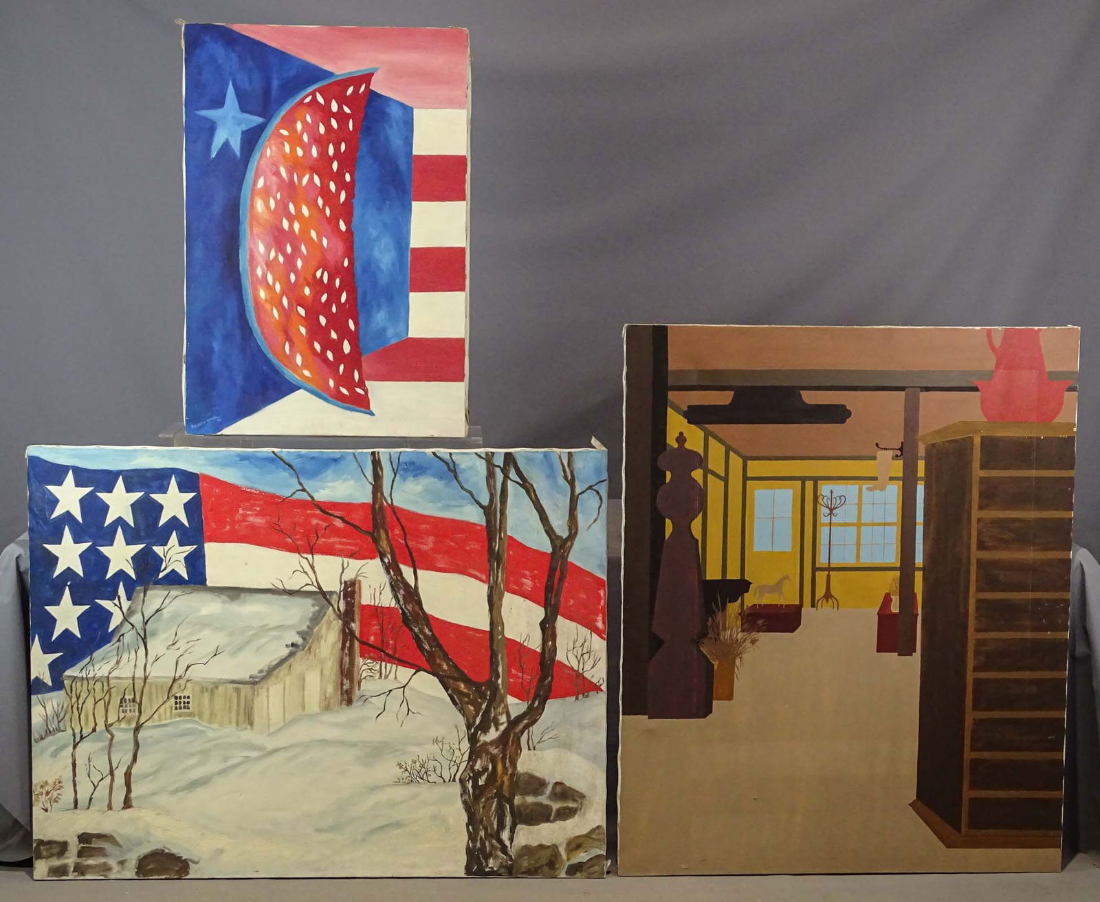 Sue Connell (United States 20th Century): Painting Lot: (3) oils on canvas by Sue Connell (United States 20th Century), largest 49 1/2" x 37". Provenance: Clayton Store, Sue Connell, Southfield, Massachusetts